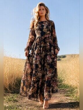 Shabby Apple Navy Blue Floral Long Sleeve Chiffon Maxi Dress Size Small